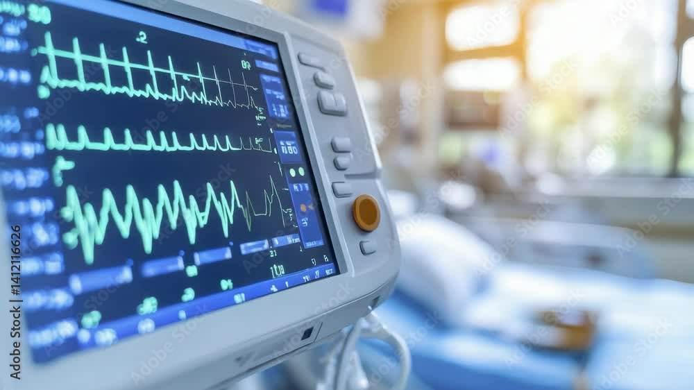 Medical monitor displaying a heartbeat, in a hospital room. Brightly lit, with a blurred background. Medical monitor displaying a heartbeat, in a hospital room. Brightly lit, with a blurred background.