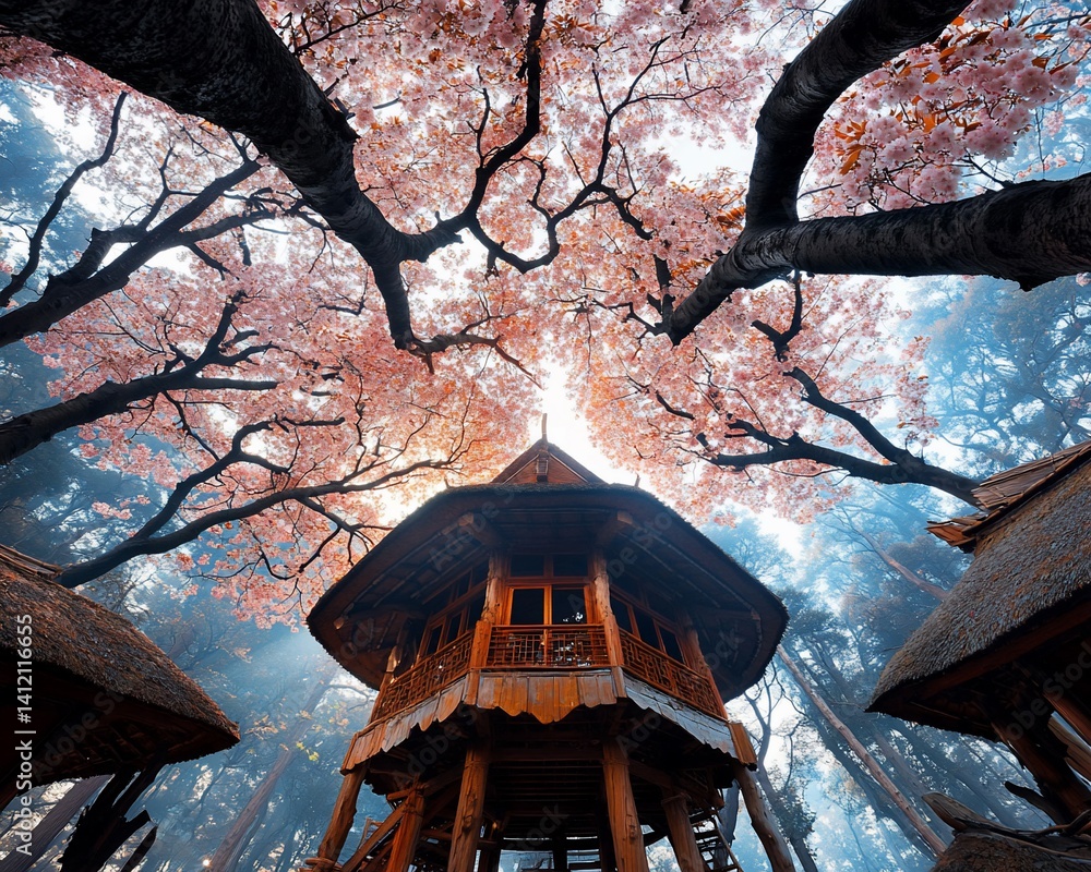 Wooden gazebo nestled beneath a canopy of blossoming cherry trees