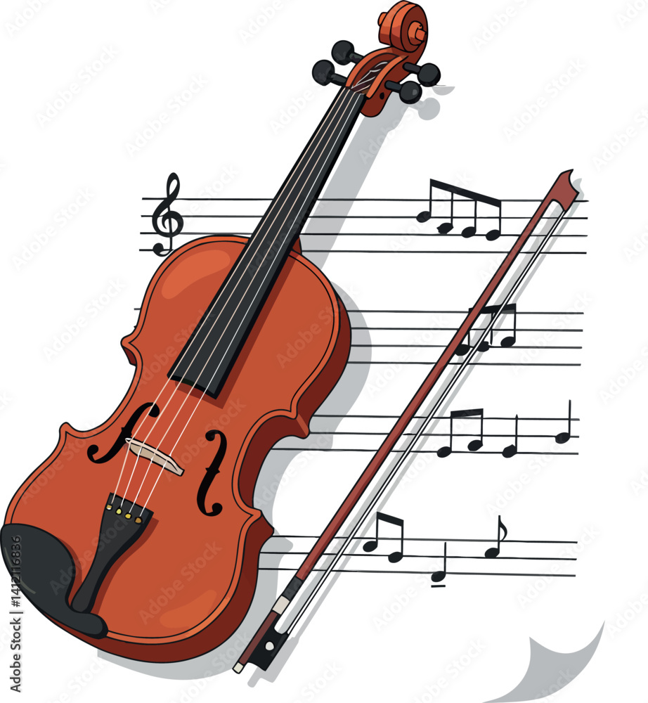 Fototapeta premium Classical violin with bow resting on musical staff featuring notes flat detailed vector illustration