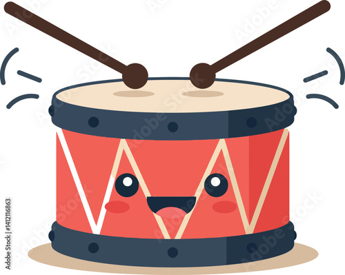 Red cartoon drum with smiling face and drumsticks beating flat minimal vector art