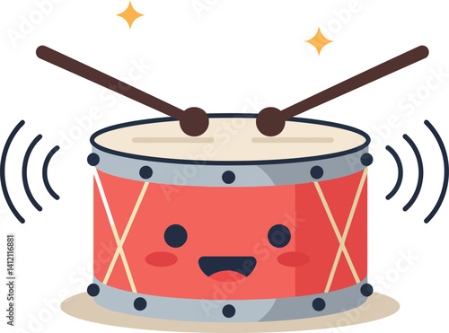 Cute red drum with smiling face and beating sticks in flat minimal vector illustration