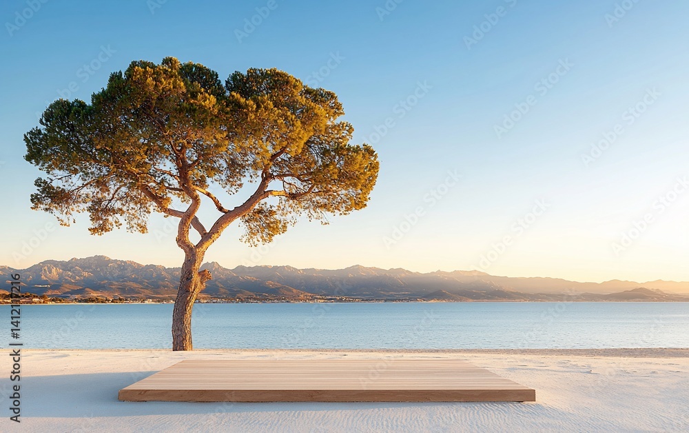 Wooden platform, tranquil beach scene, tree