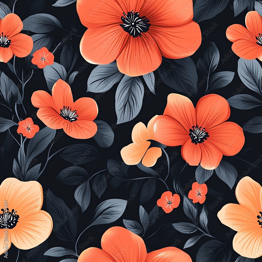 Seamless Floral Pattern with Orange Flowers and Dark Leaves on Black Background Seamless Floral Pattern with Orange Flowers and Dark Leaves on Black Background