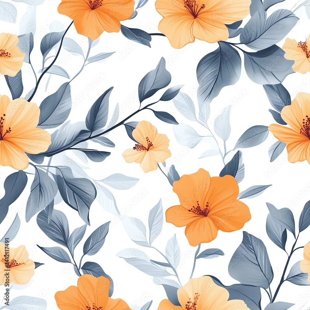 Fototapeta premium Seamless Floral Pattern with Orange Flowers and Gray Leaves on White Background