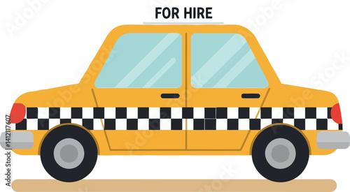 Yellow taxi car with checkered stripe and for hire sign flat design vector illustration