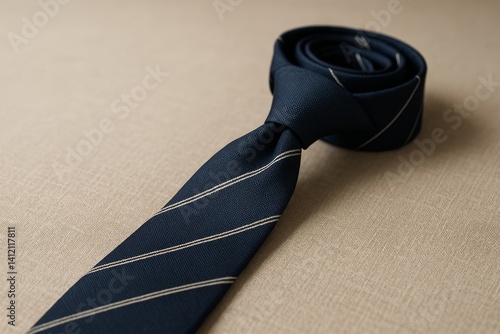 Elegant Dark Navy Tie With White Stripes Neatly Rolled on a Textured Background