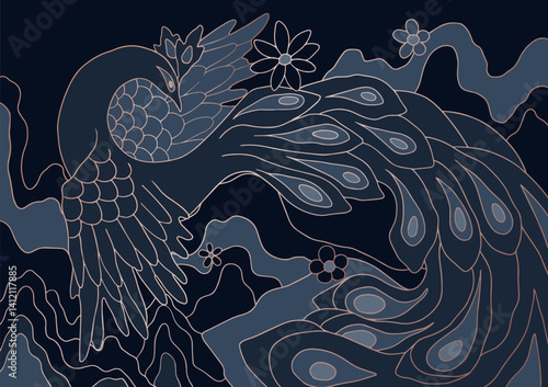 Retro Oriental peacock, abstract black and gold art