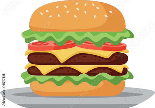 Double cheeseburger with lettuce tomato and sesame bun flat design vector illustration