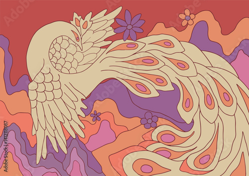Retro Oriental peacock, abstract soft colors handdrawn art	