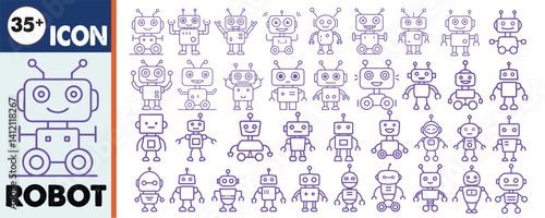 Cute Robot Icon silhouette vector, Robot Icon Bundle, White background.