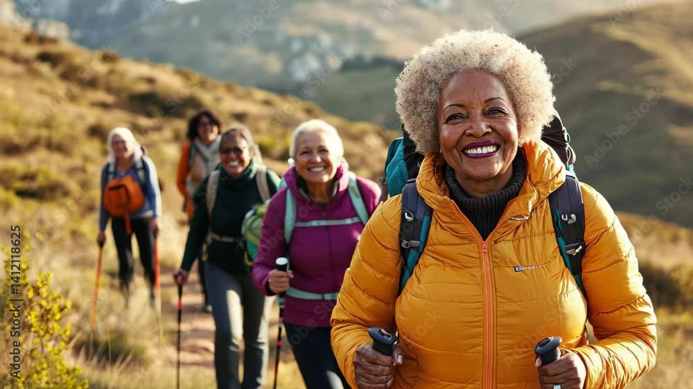 Elderly African American women hiking in the hills and forests. Hiking or outdoor adventure. Backpacking trip Elderly African American women hiking in the hills and forests. Hiking or outdoor adventure. Backpacking trip