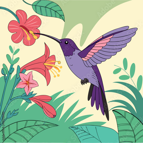 Violet Sabrewing Hummingbird, Central American native, feeding on nectar with speed and grace.