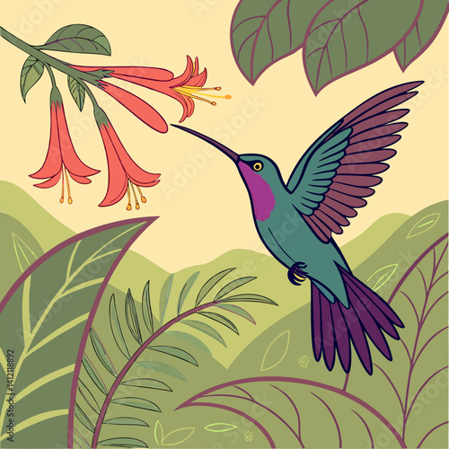 Violet Sabrewing Hummingbird, Central American native, feeding on nectar with speed and grace.