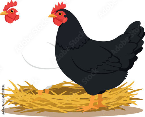 Black hen standing on yellow straw nest with floating red chicken head flat design vector illustration