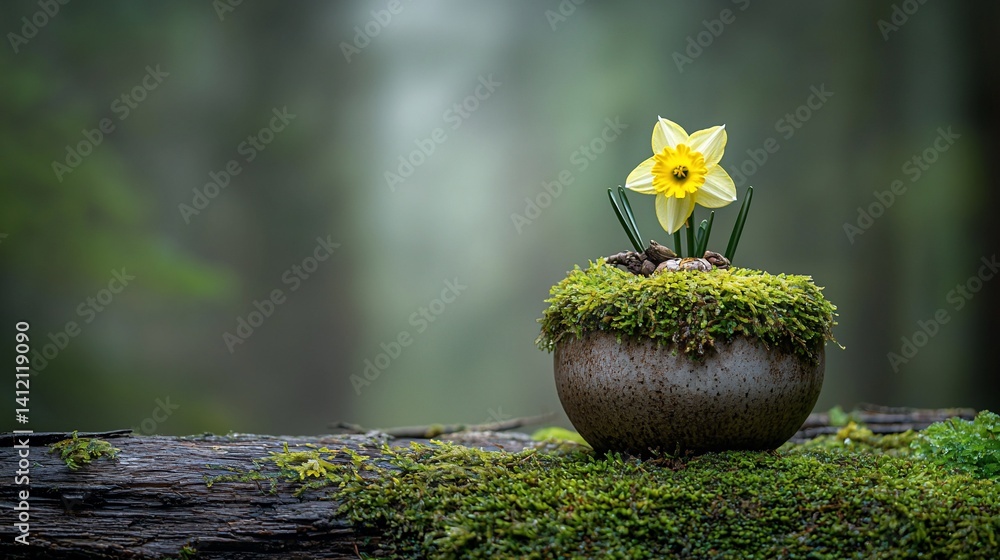 Yellow daffodil in a moss-covered pot on a log in a misty forest
