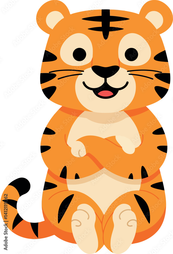 Cute cartoon tiger sitting with folded arms flat style animal character vector illustration Cute cartoon tiger sitting with folded arms flat style animal character vector illustration