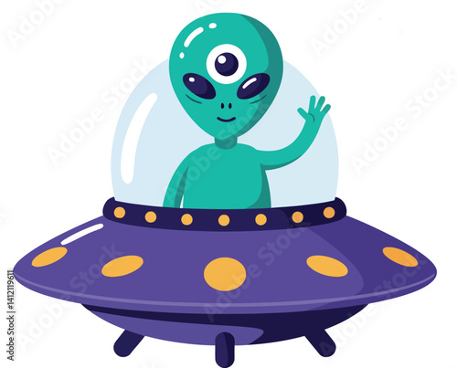 Green one-eyed alien character waving from purple spaceship with yellow dots flat style vector illustration