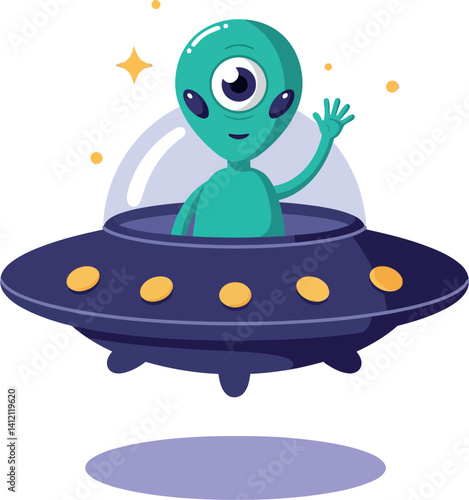 Friendly green one-eyed alien waving from dark purple UFO spaceship flat cartoon vector illustration