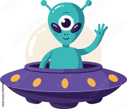 Friendly one-eyed alien waving from purple flying saucer in flat cartoon style vector illustration