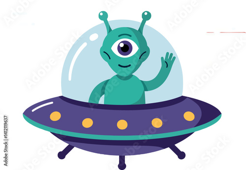 One-eyed green alien waving from purple UFO spaceship flat design vector illustration