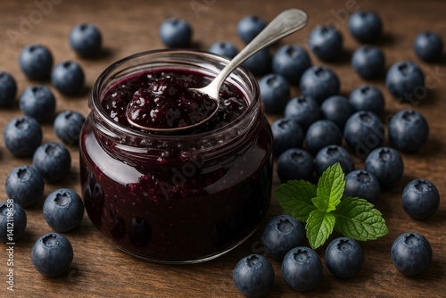 Delicious Blueberry Jam in a Jar With Fresh Blueberries Beside It on a Wooden Table