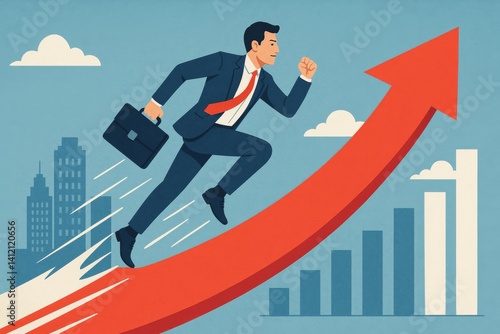 Business Professional Running Towards Success With Upward Trend in the Backgr...