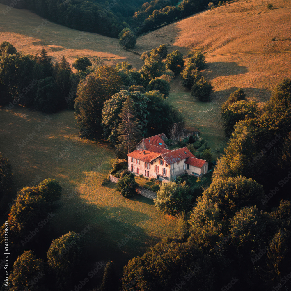 Fototapeta premium A charming French house surrounded by lush greenery and fields in the Basque region, bathed in warm light at dusk