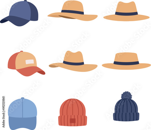 Various casual hats collection with baseball caps and knitted beanies in flat minimal style vector illustration