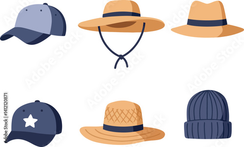 Collection of six assorted hats including caps and straw hats in flat minimal style vector illustration