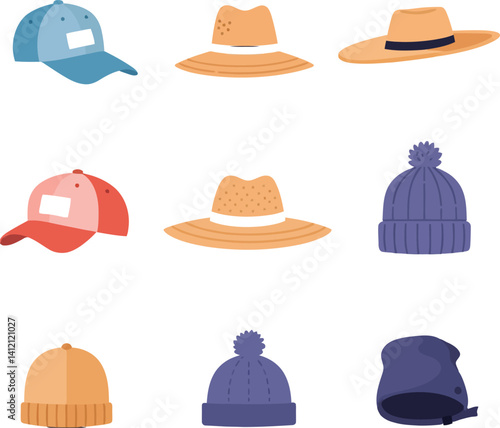 Collection of various hat styles in flat design including caps, straw hats, and knitted beanies vector illustration