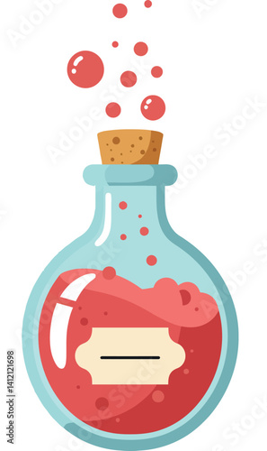Red bubbling potion in round glass bottle with cork stopper flat design vector illustration