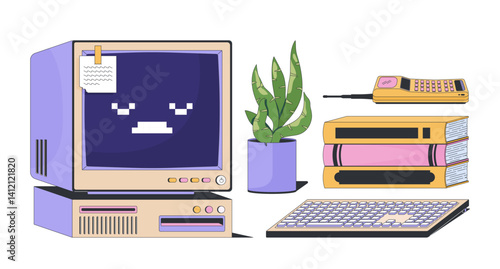 Retro computer keyboard with books, plant and phone 2D cartoon objects set. Vintage monitor, 90s office, oldschool tech isolated elements flat vector clip arts on white. Spot illustrations collection
