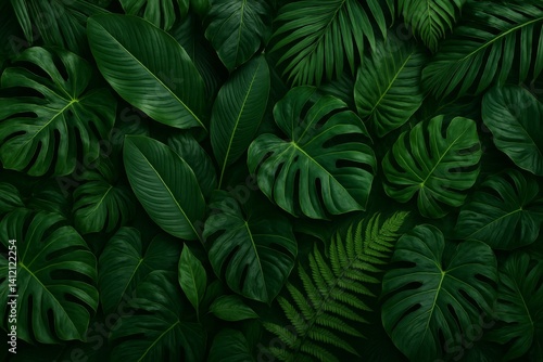 Lush Green Tropical Leaves Creating a Vibrant Natural Backdrop in a Serene En...