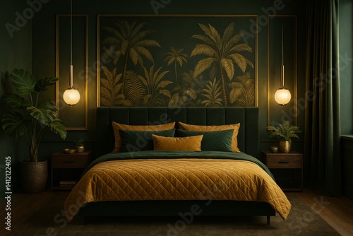 Elegant Green Bedroom Design With Tropical Leaves and Warm Lighting Creating ...