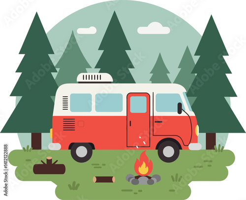 Red and white camper van parked in pine forest with campfire and logs flat design vector illustration