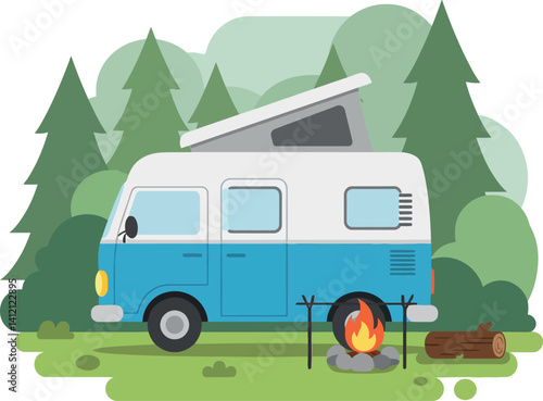 Blue and white camper van parked in forest with campfire and logs flat design vector illustration