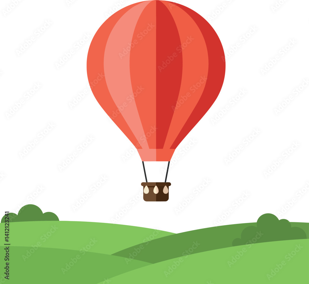 Obraz premium Red hot air balloon floating above green rolling hills in flat minimalist style vector illustration
