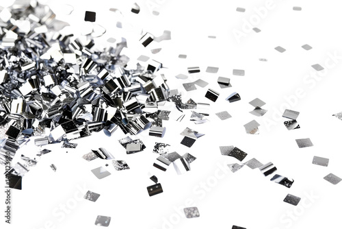 Shimmering silver confetti scattered across a white surface, ready for a festive celebration isolated on transparent background