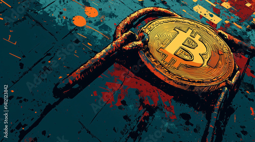 Rusty trap biting Bitcoin symbol – stylized 2D finance-punk illustration with vintage propaganda style