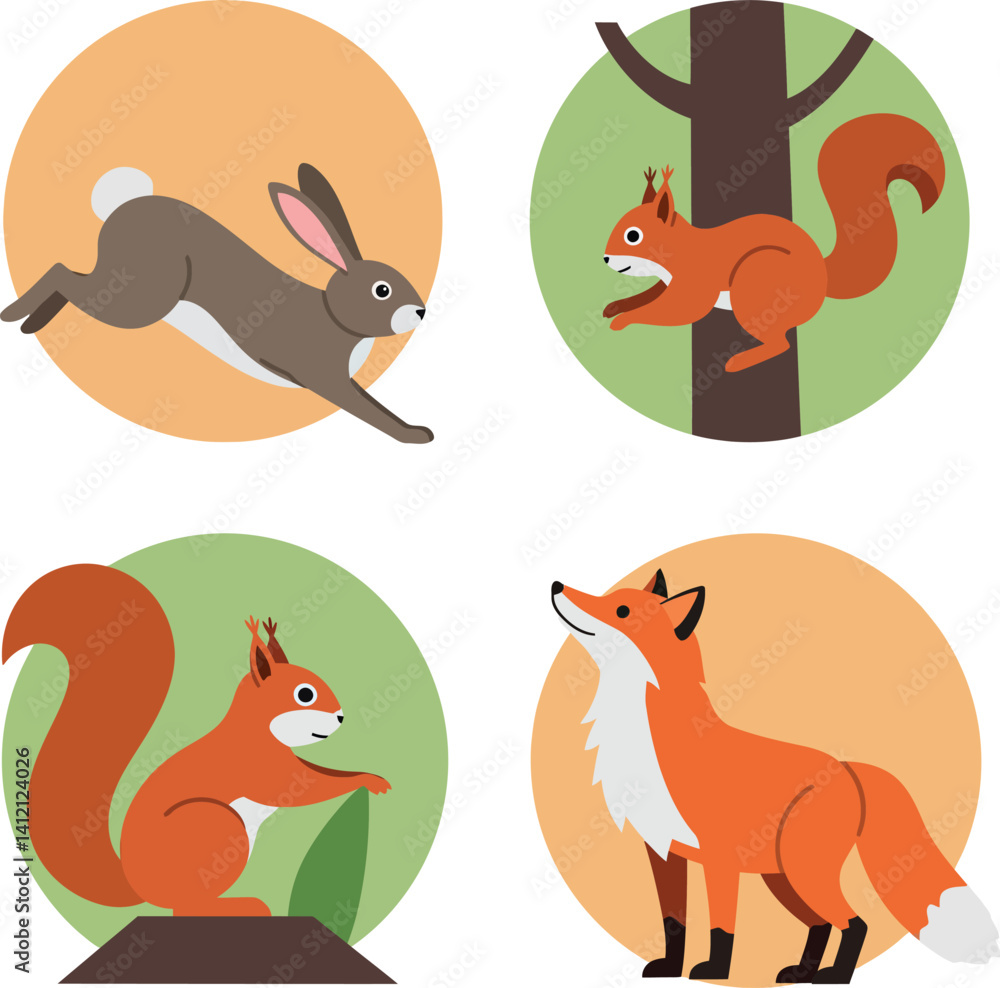 Fototapeta premium Forest animals including rabbit, squirrel, and fox in colorful flat style vector illustration with playful natural mood