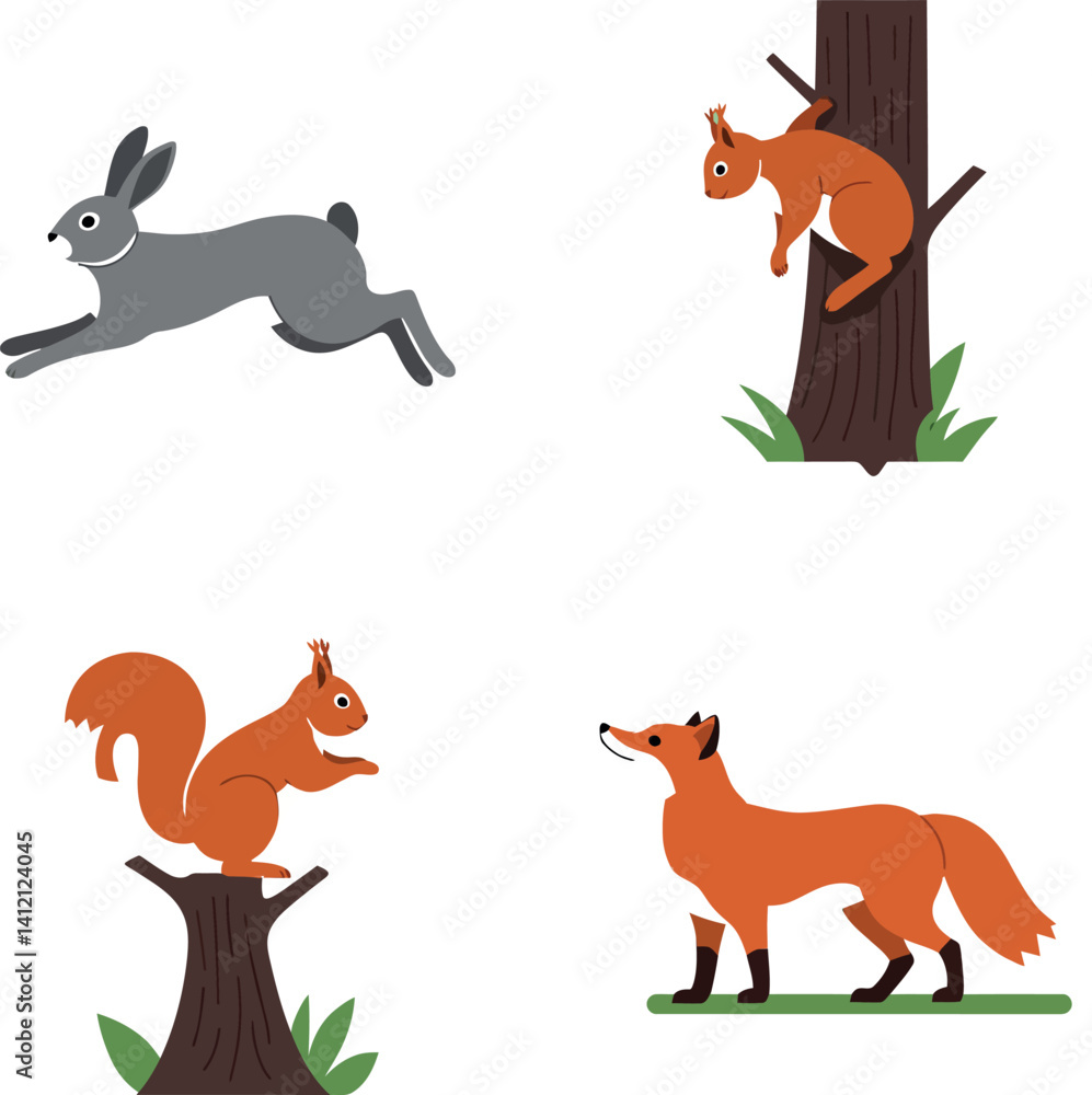Obraz premium Wild animals including rabbit, squirrels, and fox in flat design style vector illustration showing natural forest creatures in motion and rest