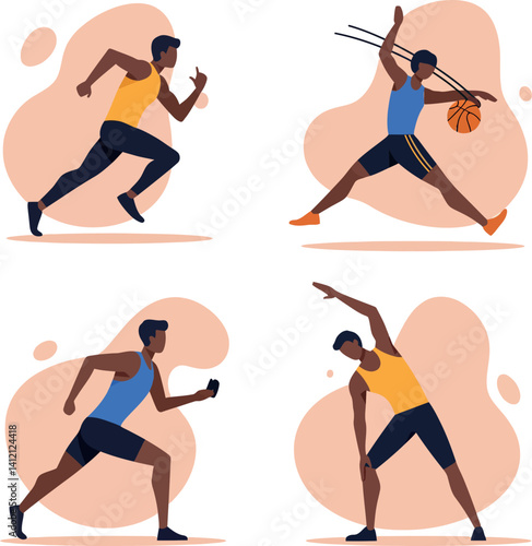 Male athlete running stretching dribbling basketball in dynamic flat style vector illustration