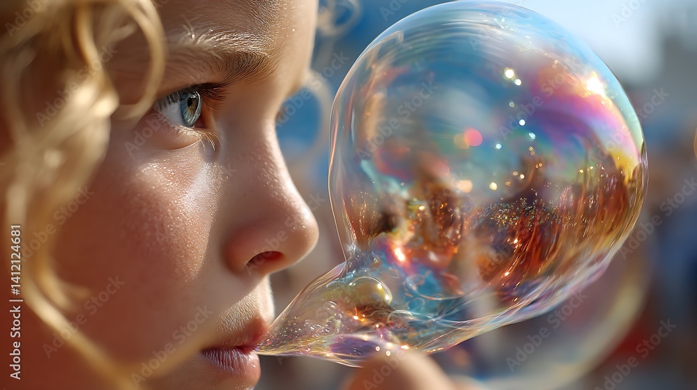 Child blowing a colorful bubble Child blowing a colorful bubble