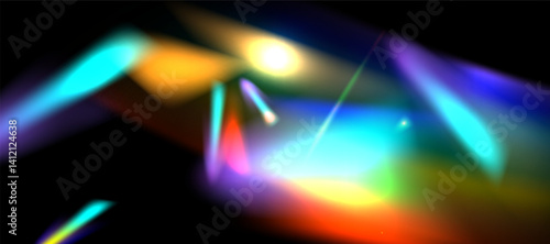 Rainbow blurred refraction overlay effect. Colorful light lens prism on transparent background. Holographic reflection, iridescent crystal flare leak shadow overlay. Vector abstract illustration.