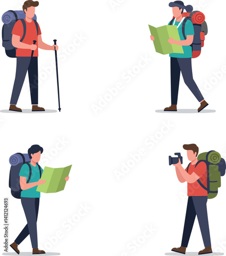 Four male hikers with backpacks trekking and using map and camera flat design vector illustration