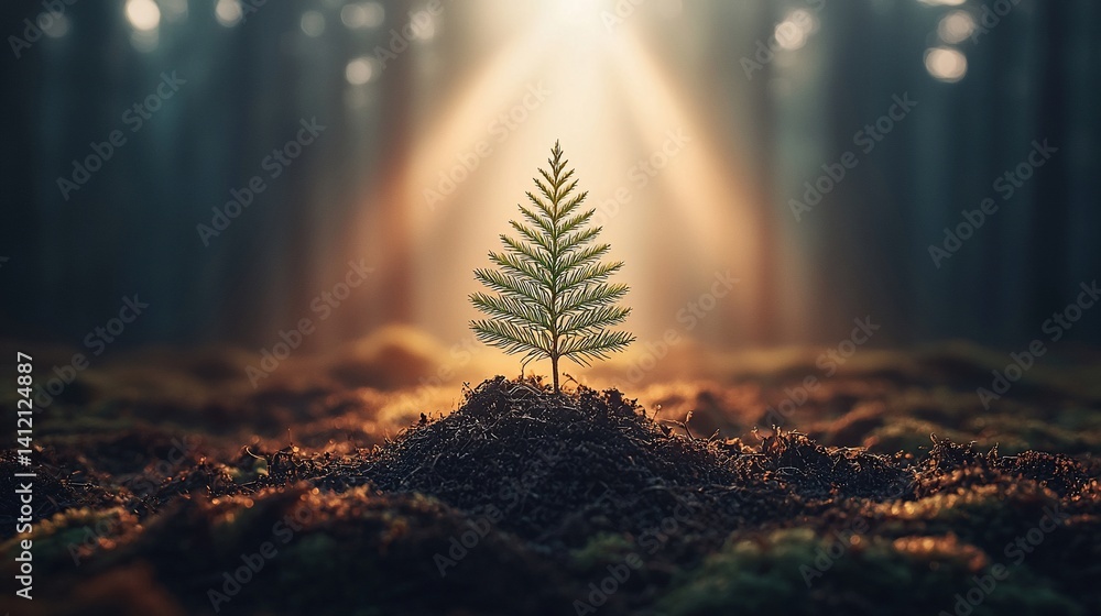 Young sprout in forest floor bathed in sunlight