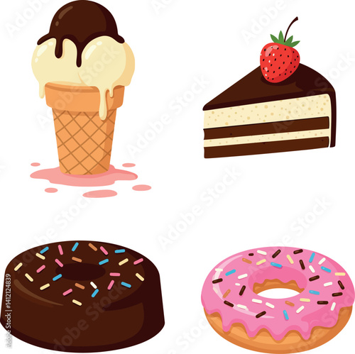 Ice cream cone with chocolate topping and assorted sweet desserts flat minimal vector illustration