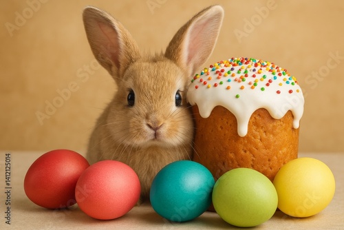 Cute Bunny With Cupcake and Colorful Eggs Creates Festive Atmosphere for Spri...