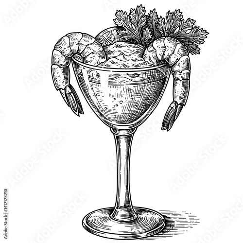 Shrimp cocktail garnished with herbs in a decorative glass  
