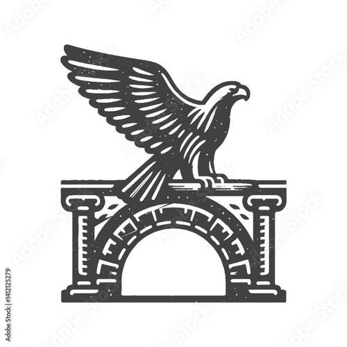 Simple Golden Eagle Perched on Arch Vector Design – Vintage Logo & Retro Illustration
